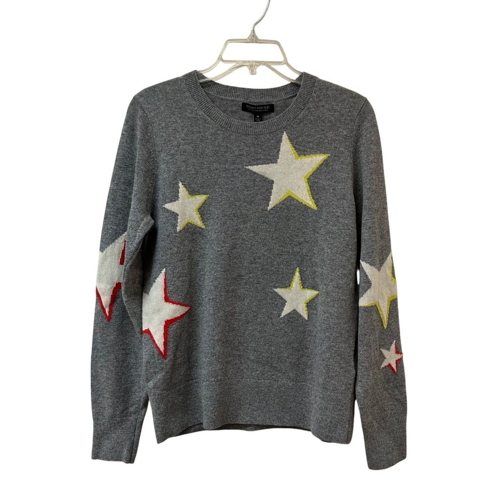 Banana Republic Italian Merino Blend Star Sweater Grey Crewneck 518909-01 Medium